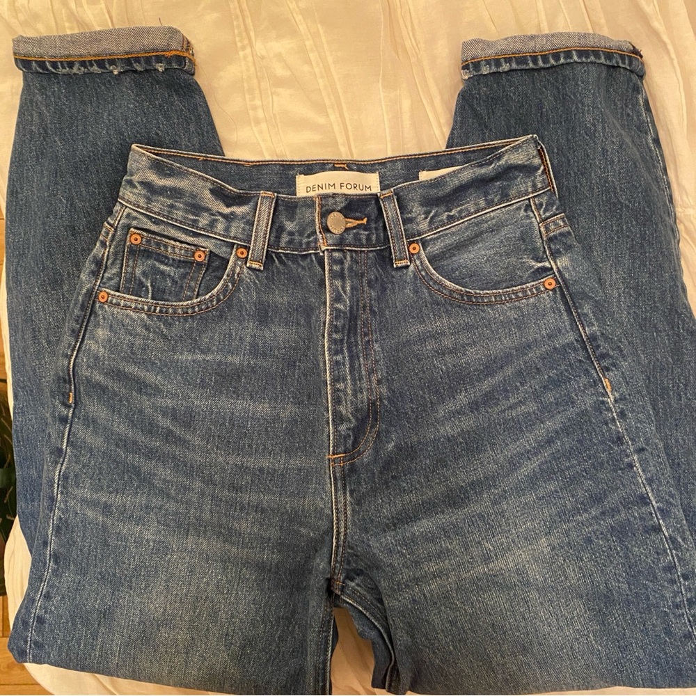 Denim Forum Classic Wash Blue Denim -The Gia High Rise Carrot Jean